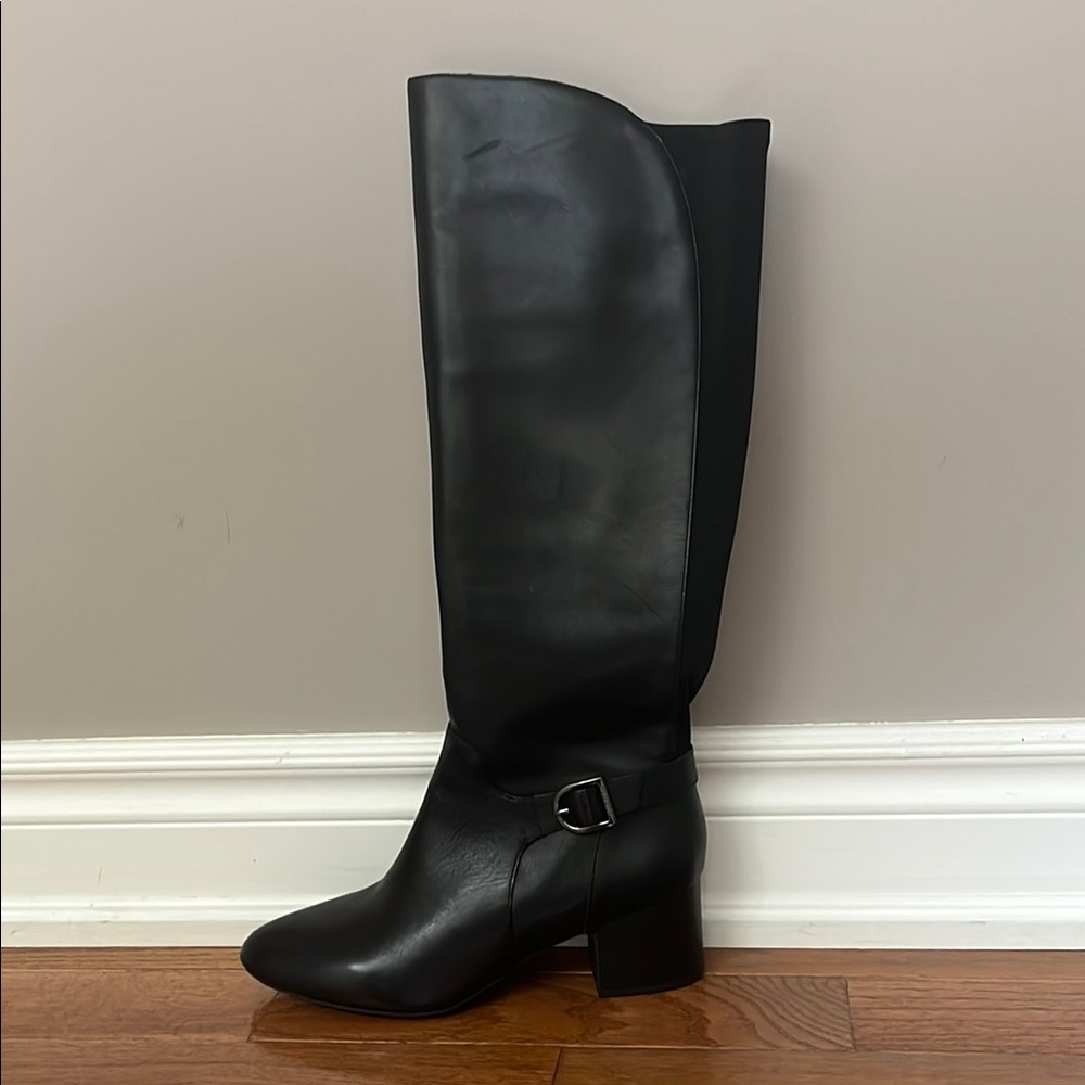New- Anne Klein Black Heeled Boots with Sleek Leather Finish